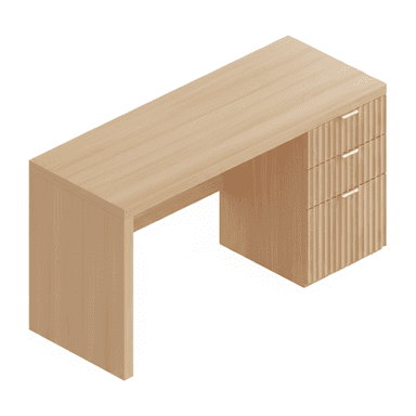 A modern, light-toned wood desk featuring a clean, minimalist design. It has a broad rectangular top and a single, thick panel leg on the left side, creating a 'waterfall' effect. On the right, an integrated three-drawer cabinet supports the tabletop. The drawer fronts are adorned with vertical fluted detailing, and each drawer is fitted with a slender, gold-toned bar pull. The overall aesthetic is sleek and contemporary. — 3D model (AI enhanced source)