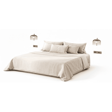 A modern, low-profile platform bed, dressed with minimalist beige linen bedding and several matching pillows. Flanking the bed are two wall-mounted sconces with bell-shaped, smoky glass shades and slender metal supports, positioned above wall panels containing integrated electrical outlets or switches. The bed frame itself is largely obscured by the duvet, suggesting a minimalist and streamlined design. — 3D model (AI enhanced source)