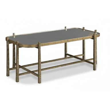 A rectangular coffee table featuring a dark, opaque glass top set within a slender brass frame. The table stands on four legs crafted from textured, aged brass, connected by lower cross-bracing for stability. The overall design suggests a blend of modern and classic aesthetics with a focus on material texture. — 3D model (AI enhanced source)