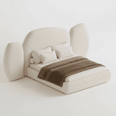 A contemporary platform bed featuring a low-profile base and an oversized, sculptural headboard with integrated side panels, all upholstered in a textured bouclé fabric. The design emphasizes soft, rounded forms and a monochromatic off-white color palette, giving it a minimalist yet plush aesthetic. It is styled with simple white bedding and a brown throw blanket. — 3D model (AI enhanced source)