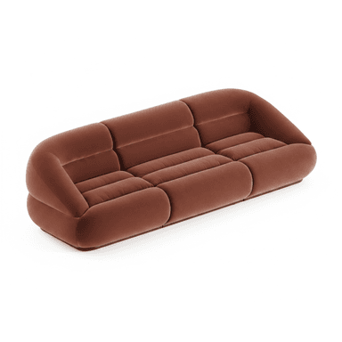 A contemporary three-seater sofa characterized by its rounded, curvilinear form and plush terracotta-colored velvet upholstery. The seating area and backrest are segmented, creating distinct, soft cushions that contribute to its inviting appearance. The sofa features a low profile with a hidden base, giving it a floating aesthetic. Its design suggests a blend of modern comfort with a hint of 1970s lounge aesthetics. — 3D model (AI enhanced source)