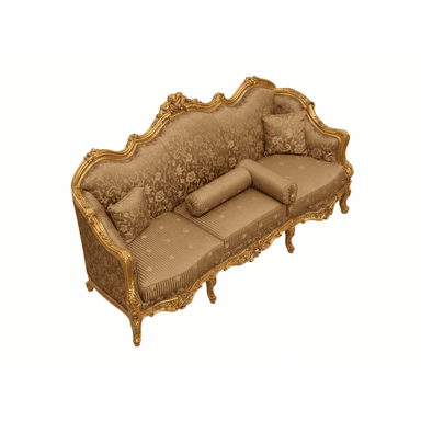An opulent three-seater sofa characterized by an elaborate, hand-carved wooden frame finished in gold leaf. The sofa features a curvilinear backrest, armrests, and apron adorned with intricate scrollwork. It is upholstered in a rich, patterned beige and gold fabric, with striped seat cushions. The piece rests on decorative cabriole legs and includes two square throw pillows and two cylindrical bolster pillows. — 3D model (AI enhanced source)