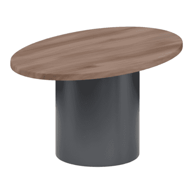 A modern side table characterized by an oval wooden tabletop supported by a single, sturdy cylindrical pedestal base in a dark matte finish. — 3D model (AI enhanced source)