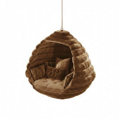 A hanging nest-style chair, upholstered in a plush, textured brown velvet fabric. The exterior features distinctive horizontal ribbing, creating a cocoon-like or beehive appearance. The interior is fitted with a comfortable, tufted seat cushion and several loose cushions, all in coordinating shades of brown velvet, some with subtle plaid patterns or quilted textures. The chair is suspended by a single rope attached to a metal ring at the top. — 3D model (AI enhanced source)