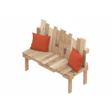 A rustic bench constructed from wooden pallet planks. The bench features a slatted seat and a backrest composed of vertically oriented planks of varying heights and widths, creating an uneven, staggered silhouette. It is accompanied by two square-shaped cushions in a vibrant orange hue, placed on the seat. — 3D model (AI enhanced source)