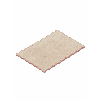 A rectangular area rug featuring a soft beige pile and a distinctive pink scalloped border. The design is simple yet playful, with the contrasting colors highlighting the wavy edge. — 3D model (AI enhanced source)