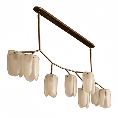 A contemporary linear chandelier featuring an organic, branching metal frame in a bronzed finish, adorned with multiple frosted glass shades. The shades are shaped like elongated tulip petals or leaves, contributing to a natural, sculptural aesthetic. The fixture is suspended from a long, flat canopy. — 3D model (AI enhanced source)