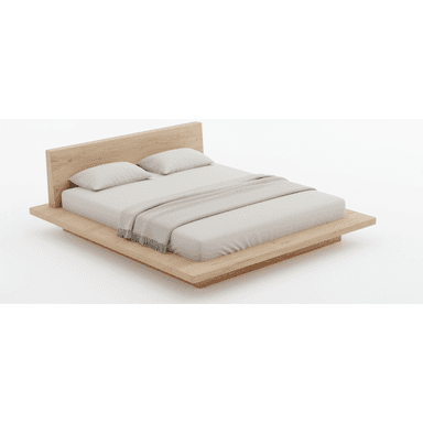 A contemporary platform bed frame, crafted from light-toned wood, featuring a minimalist design with an integrated headboard. The bed has a low profile, and the platform extends visibly beyond the mattress on the sides and foot, creating a clean, floating aesthetic. It is dressed with light grey bedding, including two pillows, a fitted sheet, and a draped throw blanket. — 3D model (AI enhanced source)
