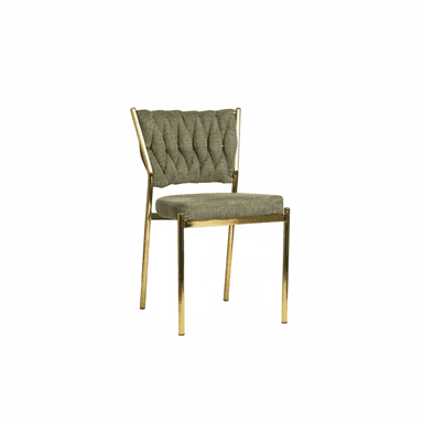 An armless contemporary dining chair featuring a polished gold-tone metal frame and olive green fabric upholstery. The backrest has a distinct pleated or ruched design, adding texture and visual interest. The seat is a simple upholstered cushion, and the four legs are slender and tapered. — 3D model (AI enhanced source)