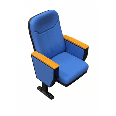 A blue upholstered auditorium chair with wooden armrests and a dark metal pedestal base, designed for fixed public seating. — 3D model (AI enhanced source)