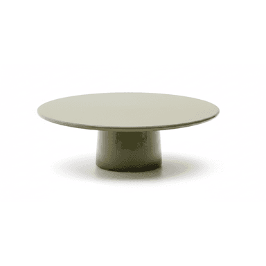 A small, round pedestal stand or table, uniformly colored in a glossy olive green. It features a flat, circular top supported by a single, stout cylindrical base. — 3D model (AI enhanced source)