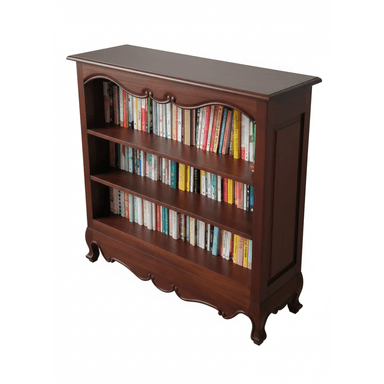 A dark wood open bookcase with three shelves, featuring traditional design elements like scalloped aprons and curved feet, filled with various books. — 3D model (AI enhanced source)