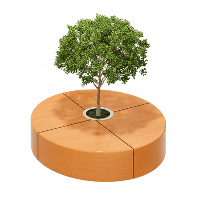 A modern circular bench made of light-colored wood, designed to surround a tree or planter. The bench is segmented into four equal parts with a central circular opening featuring a polished metal ring around the base of a small tree. — 3D model (AI enhanced source)