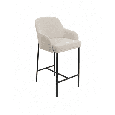 An upholstered counter stool featuring a contemporary design with a curved backrest and integrated armrests. It has a fabric-covered seat and back, supported by a minimalist black metal frame with an integrated footrest. — 3D model (AI enhanced source)