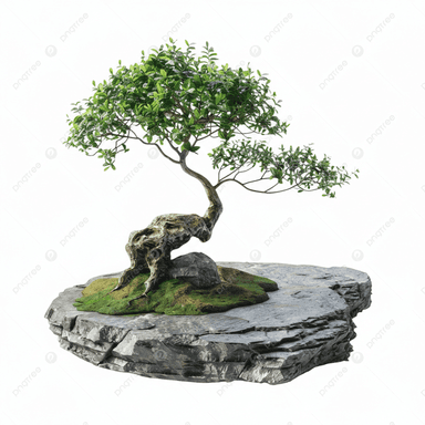 A meticulously rendered bonsai tree features a gnarled, exposed root system growing directly from a multi-layered rock formation. The tree has a curved, aged trunk with extensive branches adorned with lush, dense green foliage. Patches of vibrant green moss accent the textured, grey rock base, creating a naturalistic miniature landscape. — 3D model (AI enhanced source)