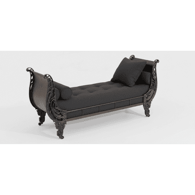 An ornate traditional recamier daybed featuring a dark, possibly bronzed or antiqued metal frame with intricate scrolled and carved details on both raised ends and the legs. The main seating surface is a deep button-tufted cushion upholstered in a dark gray or charcoal fabric. It is accompanied by a matching square throw pillow and a cylindrical bolster pillow. — 3D model (AI enhanced source)