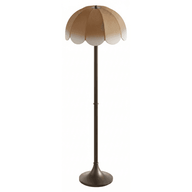 A tall floor lamp featuring a slender metallic pole and base, topped with a distinctive bell-shaped fabric shade that has a scalloped edge and an ombre color transition. — 3D model (AI enhanced source)