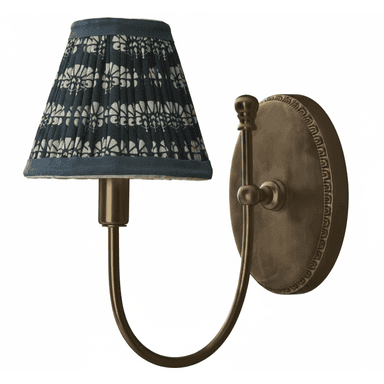 A wall-mounted lamp featuring a pleated lampshade with a decorative pattern and a curved arm supporting the shade. The base is round and attaches to the wall, exhibiting ornamental detailing along its edge. The hardware appears to be made of metal with a vintage or antique finish. — 3D model (AI enhanced source)