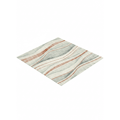 A rectangular rug with a modern abstract wave pattern. The pattern features multiple parallel wavy lines in varying shades of grey, light blue, and rust orange on a cream-colored background. The rug appears to be made of woven material with a low pile. — 3D model (AI enhanced source)
