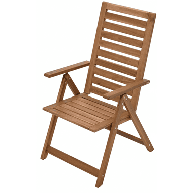 A wooden folding chair with a slatted back and seat, featuring integrated armrests. The chair is designed for portability and storage, evident by its visible hinge mechanisms allowing the frame to collapse. It displays a natural wood finish, suggesting suitability for outdoor or casual indoor settings. — 3D model (AI enhanced source)