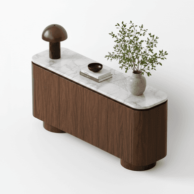 A modern, minimalist sideboard or credenza featuring a dark walnut veneer body, a white marble top, and rounded edges, supported by two cylindrical plinth bases. — 3D model (AI enhanced source)