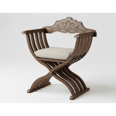 An elegant X-frame armchair made from dark wood, featuring a curved, slatted design and a carved backrest with floral motifs. It includes brass accents and a light-colored upholstered seat cushion. — 3D model (AI enhanced source)