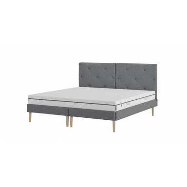 A modern platform bed featuring a gray fabric upholstered frame and a tufted headboard. The bed is supported by light-colored, tapered wooden legs, and includes a white mattress. — 3D model (AI enhanced source)