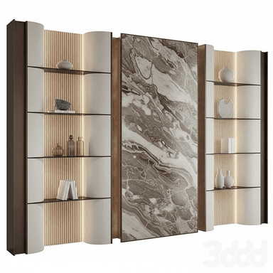 A contemporary, modular wall unit featuring open shelving, a central decorative marble-effect panel, and integrated lighting. The unit is composed of several sections, including shelving modules with clear glass shelves and curved off-white panel details, and a prominent rectangular accent panel. Dark brown framing contrasts with lighter wooden slatted back panels and the intricate patterns of the marble-effect. — 3D model (AI enhanced source)