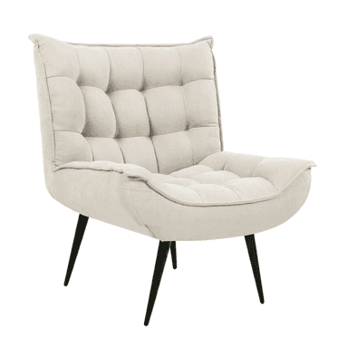 A modern upholstered lounge chair featuring deep button tufting on both the backrest and seat. It is designed with a low profile, gently reclined back, and subtle side curves, supported by slender, splayed black metal legs. The upholstery is a light beige or off-white textured fabric. — 3D model (AI enhanced source)