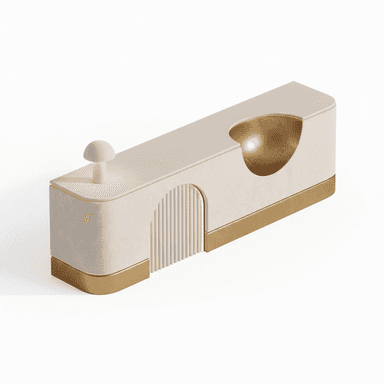 A long, rectangular console cabinet featuring a matte light cream finish with prominent gold-toned metal accents. The design incorporates a large, heart-shaped recessed golden bowl on one end of the top surface and a vertical fluted or reeded panel on the cabinet's face. A small, modern mushroom-shaped lamp sits on the opposite end of the cabinet's surface. The base of the cabinet is a continuous band of gold-toned metal, creating a sleek, elevated appearance. — 3D model (AI enhanced source)