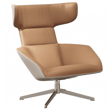 A modern high-back lounge chair featuring a two-tone upholstery design with tan leather on the inner surfaces and light grey fabric on the outer shell, all supported by a brushed metal four-star swivel base. — 3D model (AI enhanced source)
