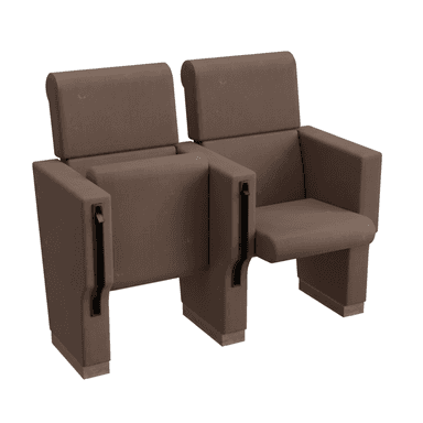 A two-seater auditorium seating unit featuring individual, upholstered brown seats with integrated armrests. The seats are designed to fold upwards when not in use, common in cinema or theater settings, with a sturdy base construction. The overall appearance is functional and robust. — 3D model (AI enhanced source)