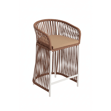 A contemporary bar stool featuring a brown woven rope seat and back, integrated armrests, and a white powder-coated metal frame. It includes a removable, light brown upholstered seat cushion. The base is an open-frame design with a horizontal footrest. — 3D model (AI enhanced source)