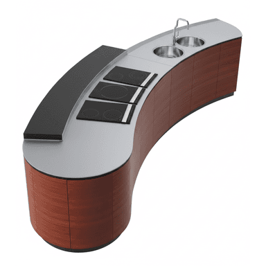 A modern, curved kitchen island featuring a rich wood veneer base and a light grey solid surface or laminate countertop. The island is equipped with three integrated black ceramic cooktops, two stainless steel circular sinks, and a single gooseneck faucet. The design is sleek and contemporary, with a minimalist aesthetic and functional integration of kitchen appliances. — 3D model (AI enhanced source)