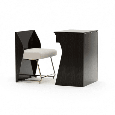 A modern vanity or desk set featuring a chair and a matching console-style table. Both pieces exhibit a geometric design with sharp angles and clean lines, finished in a dark wood veneer. The chair has an upholstered seat and a slender brass base, designed to tuck neatly into the cutout of the table. — 3D model (AI enhanced source)