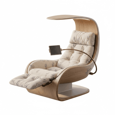 A modern, ergonomic reclining lounge chair featuring a distinctive bentwood frame, tufted upholstered cushions with a lavender floral pattern, an integrated overhead canopy with lighting, a retractable footrest, and an adjustable tablet holder. — 3D model (AI enhanced source)