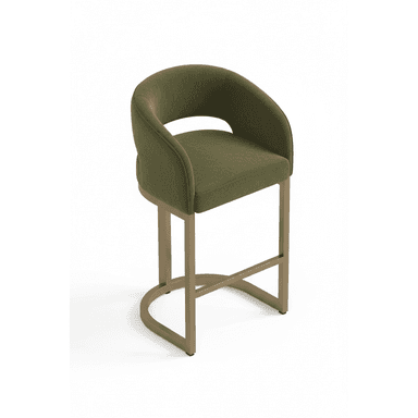 A contemporary bar stool featuring an upholstered barrel-shaped seat with an open cut-out back, supported by a gold-tone metal frame with a sled base and integrated footrest. The upholstery is a textured olive green fabric. — 3D model (AI enhanced source)