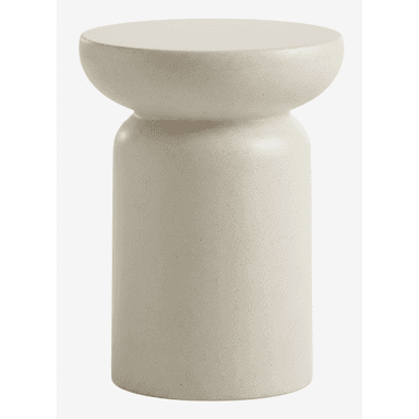 A cylindrical side table with a flared top and base. The table has a matte, speckled finish and a modern, minimalist design. Its form is reminiscent of a hourglass or a spool. — 3D model (AI enhanced source)