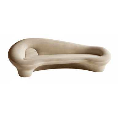 An organically shaped, upholstered lounge sofa featuring a fluid, continuous form. The sofa is covered in a light beige, textured fabric, presenting a soft, biomorphic silhouette. It lacks traditional legs, with its base forming an integral part of the overall sculptural design. The backrest is low and merges seamlessly into the elongated seating surface, creating a comfortable, lounging aesthetic. — 3D model (AI enhanced source)