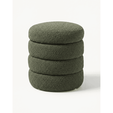 A set of four round, dark green upholstered cushions, stacked vertically. Each cushion is soft, disc-shaped with rounded edges, and covered in a textured boucle-like fabric, presented on a white background. — 3D model (AI enhanced source)