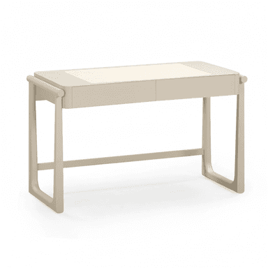 A modern desk with a rectangular top and two drawers. The desk features a clean, minimalist design with curved legs connected by a horizontal support. The tabletop has an inset panel, possibly made of a contrasting material or finish. The overall construction suggests a focus on form and function, suitable for a contemporary office or living space. — 3D model (AI enhanced source)
