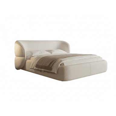 A contemporary upholstered platform bed featuring a distinctive, softly curved headboard that seamlessly integrates with the side rails, all covered in a light beige, textured fabric. — 3D model (AI enhanced source)