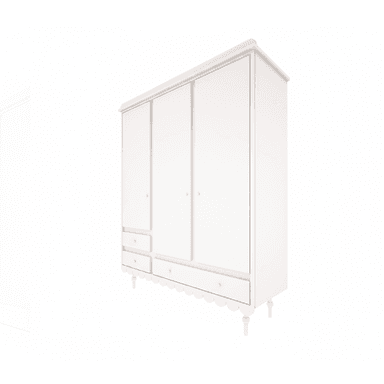 A white painted wooden wardrobe featuring a classic design. It has three doors in total: one on the left with two smaller drawers below it, and two full-height doors in the middle and right sections. A single wide drawer spans the base beneath the middle and right doors. The wardrobe stands on turned bun feet and has a decorative scalloped apron along its bottom edge, finished with a simple cornice molding at the top. — 3D model (AI enhanced source)