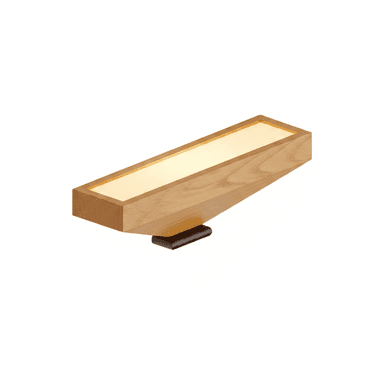 A modern wall-mounted light fixture featuring a rectangular wooden housing with a light-emitting panel on its underside, supported by a discreet dark metal bracket. The wood exhibits a clear grain, suggesting a natural finish. The light emitted is a warm, diffused glow. — 3D model (AI enhanced source)