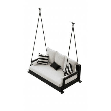 A modern suspended outdoor daybed featuring a rectangular black wooden frame, thick white upholstered cushions, and several throw pillows. The daybed is hung by four black metal rods or ropes from two overhead points, creating a swinging motion. The design is minimalist and elegant, suitable for a contemporary outdoor living space. — 3D model (AI enhanced source)
