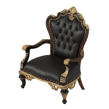 An opulent Baroque-style armchair featuring a dark wood frame richly embellished with gilded carvings. The seat and tufted backrest are upholstered in black leather, accented by a brass nailhead trim along the edges. The chair stands on carved cabriole-style legs with further gilded details. The overall design emphasizes grandeur and intricate craftsmanship. — 3D model (AI enhanced source)