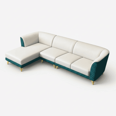 A modern L-shaped sectional sofa with a right-hand chaise, featuring cream-colored smooth upholstery on seating surfaces and a contrasting deep teal quilted fabric on the base and armrests, supported by golden-finished tapered metal legs. — 3D model (AI enhanced source)