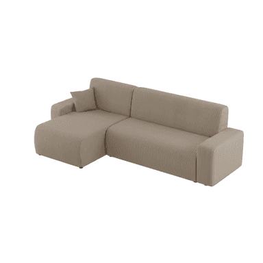 A modular sectional sofa with a chaise lounge extension. The sofa features a ribbed upholstery texture and rounded edges on its frame and armrests. A single matching throw pillow is visible on the chaise section. The sofa is upholstered in a light brown or beige fabric. — 3D model (AI enhanced source)
