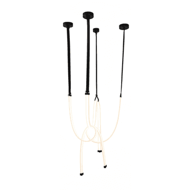 A modern lighting fixture featuring four black ceiling mounts with corresponding black suspension cords. The cords descend to connect with multiple flexible, illuminated white tubes, which are arranged in an artistic, looping configuration. The tubes emit a soft, diffused light, and the overall design is minimalist and contemporary. — 3D model (AI enhanced source)