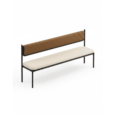 A modern bench featuring a minimalist black metal frame, an upholstered seat cushion in a light beige fabric, and a contrasting upholstered backrest in a textured brown fabric. The design is clean and contemporary, with slim lines. — 3D model (AI enhanced source)